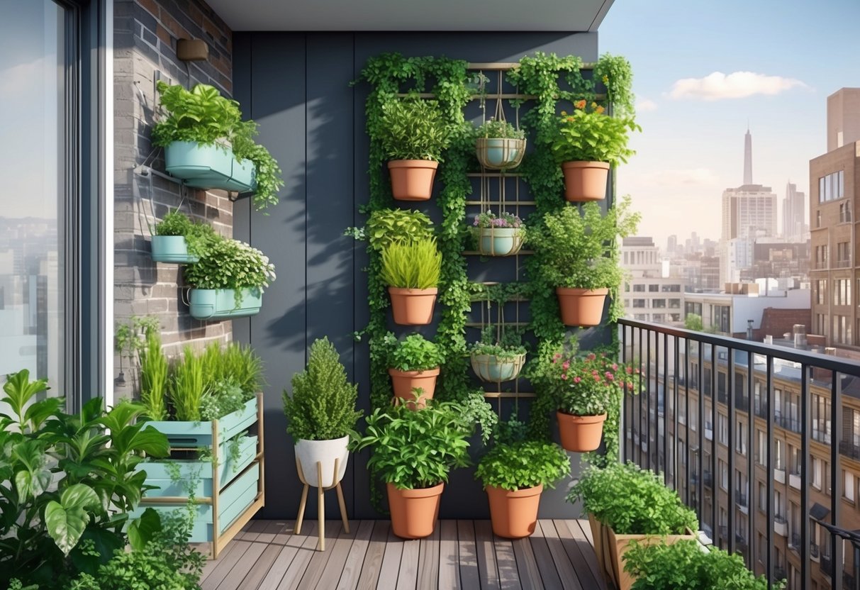 A small urban balcony transformed into a lush vertical garden, featuring hanging planters, trellises, and stacked containers maximizing limited space