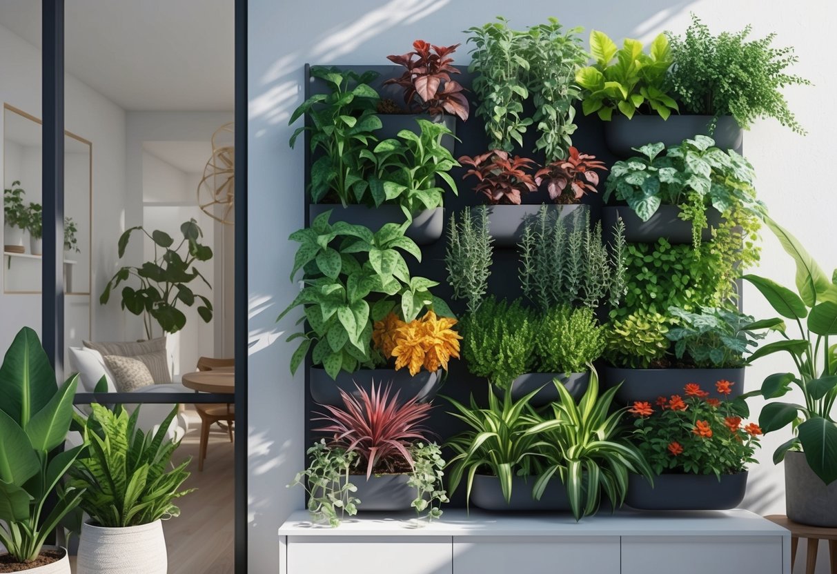 A vertical garden with a variety of plants growing on a wall, utilizing space-saving techniques and thriving in a home environment