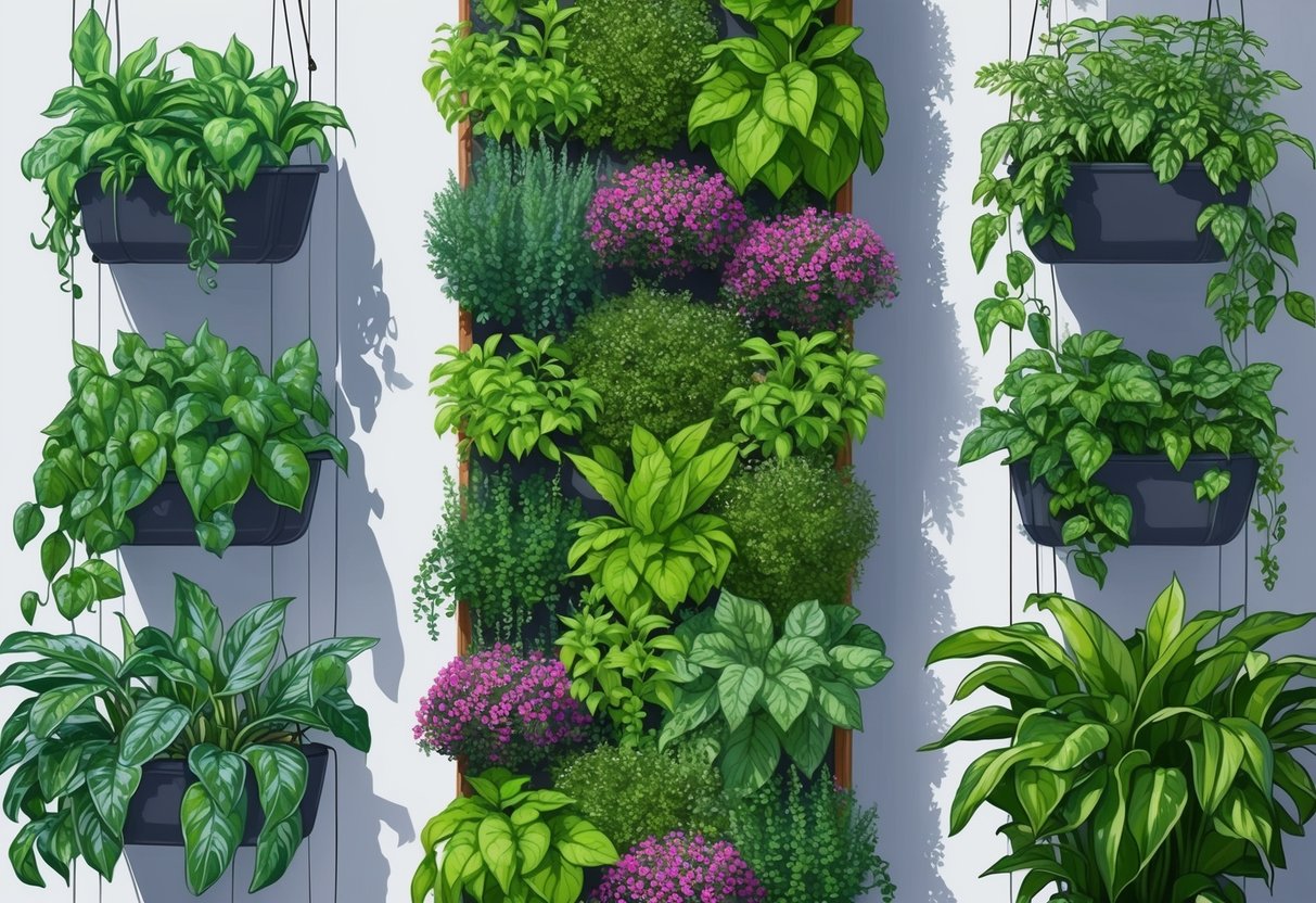 A vertical garden with a variety of lush, thriving plants hanging on a wall, utilizing space-saving techniques for small homes