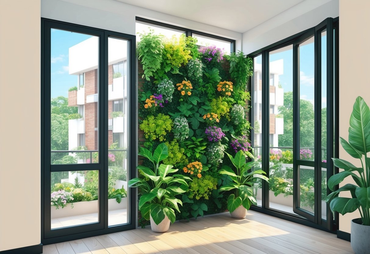 A small, urban apartment with floor-to-ceiling windows showcasing a flourishing vertical garden. Lush greenery and colorful flowers cover the walls, creating a serene and sustainable indoor oasis