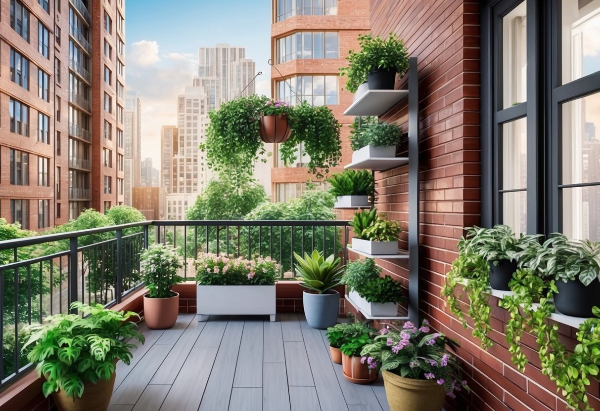A cozy urban balcony with hanging planters, vertical shelves, and potted plants, surrounded by tall buildings and filled with lush greenery