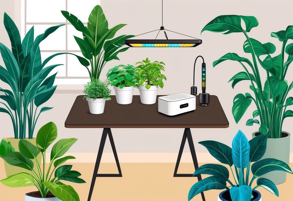 A table with smart gardening tools, including a soil moisture sensor, LED grow light, and automated watering system, surrounded by lush indoor plants