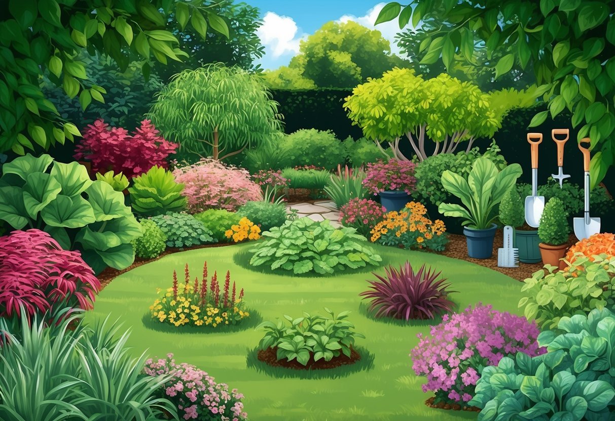 A lush garden with various specific plants, surrounded by smart gardening tools for effortless maintenance