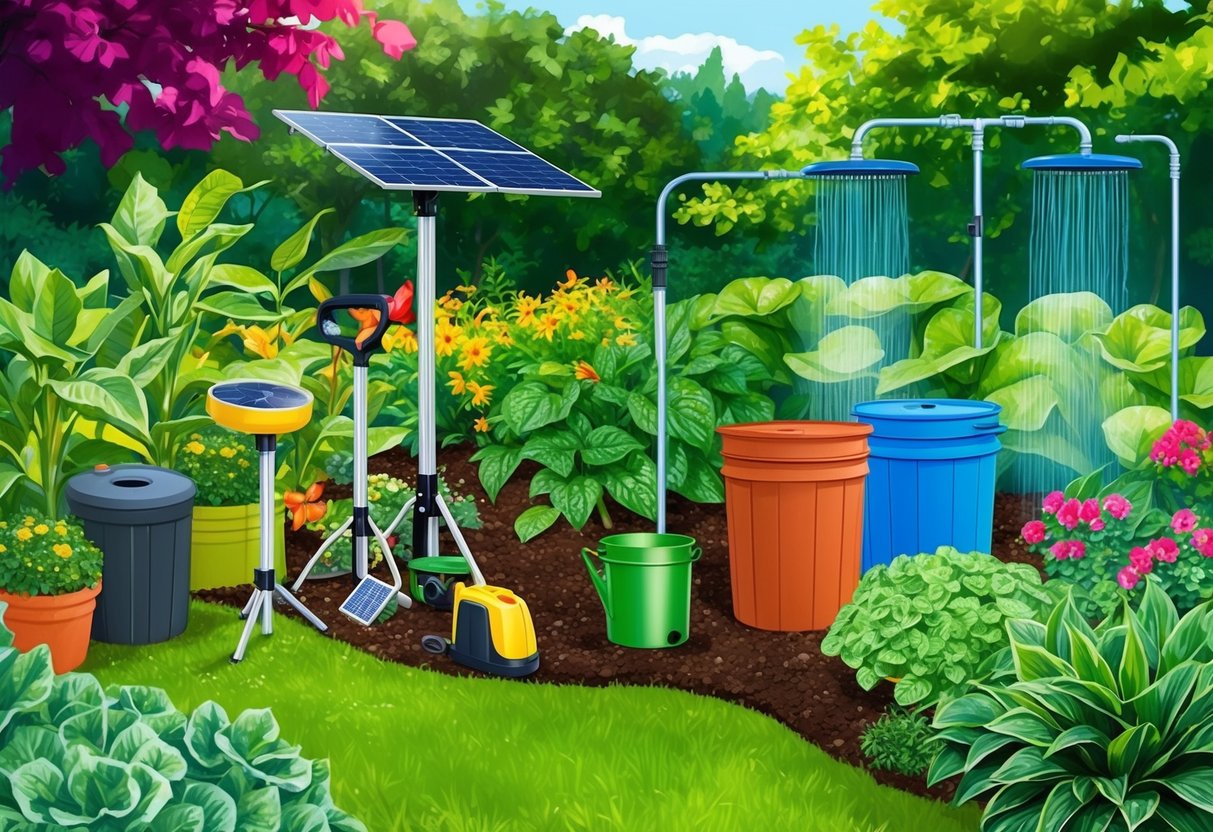 A lush garden with solar-powered tools, compost bins, and water-saving irrigation systems, surrounded by healthy, vibrant plants
