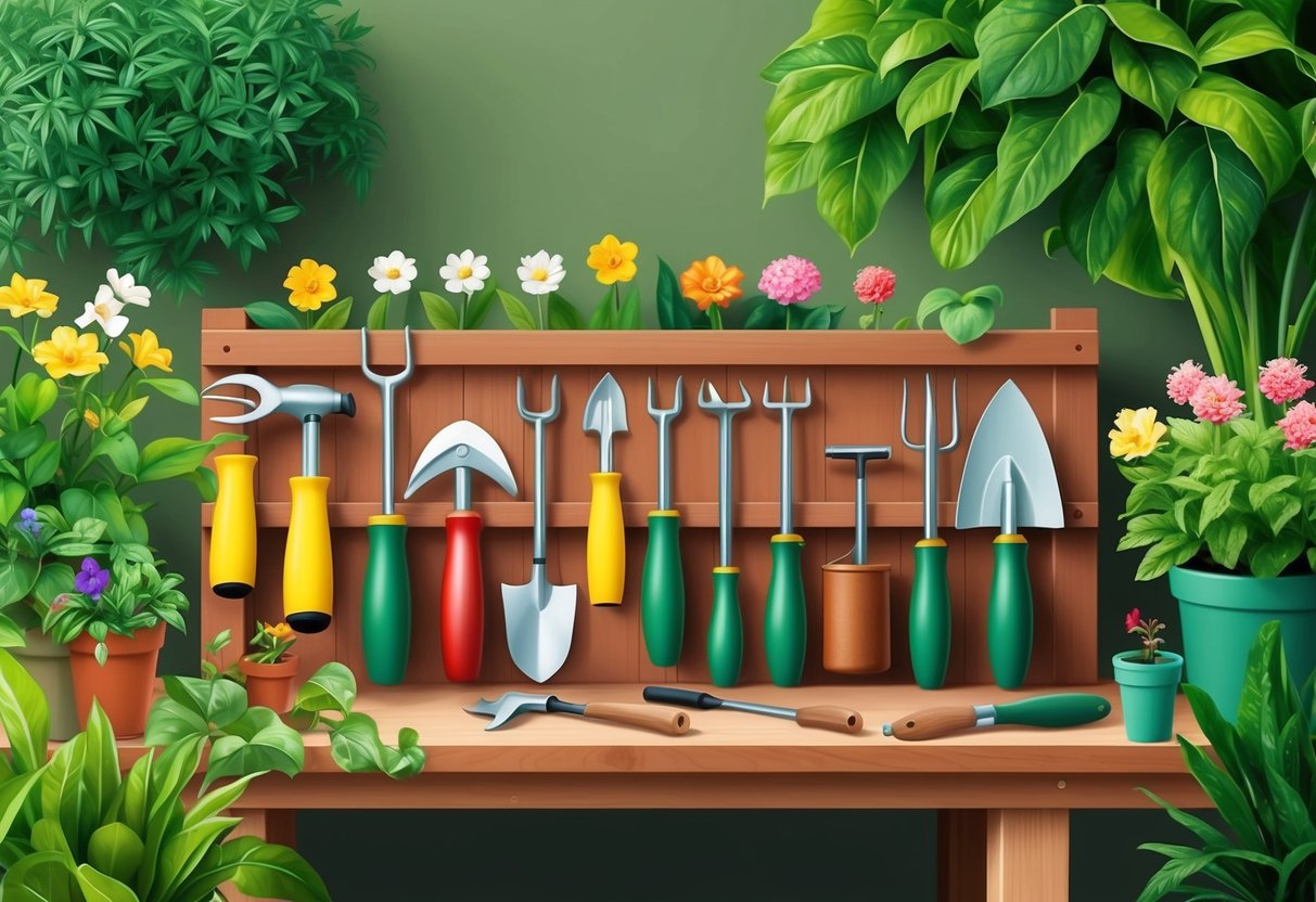 A variety of smart gardening tools neatly arranged on a wooden workbench, surrounded by lush green plants and blooming flowers