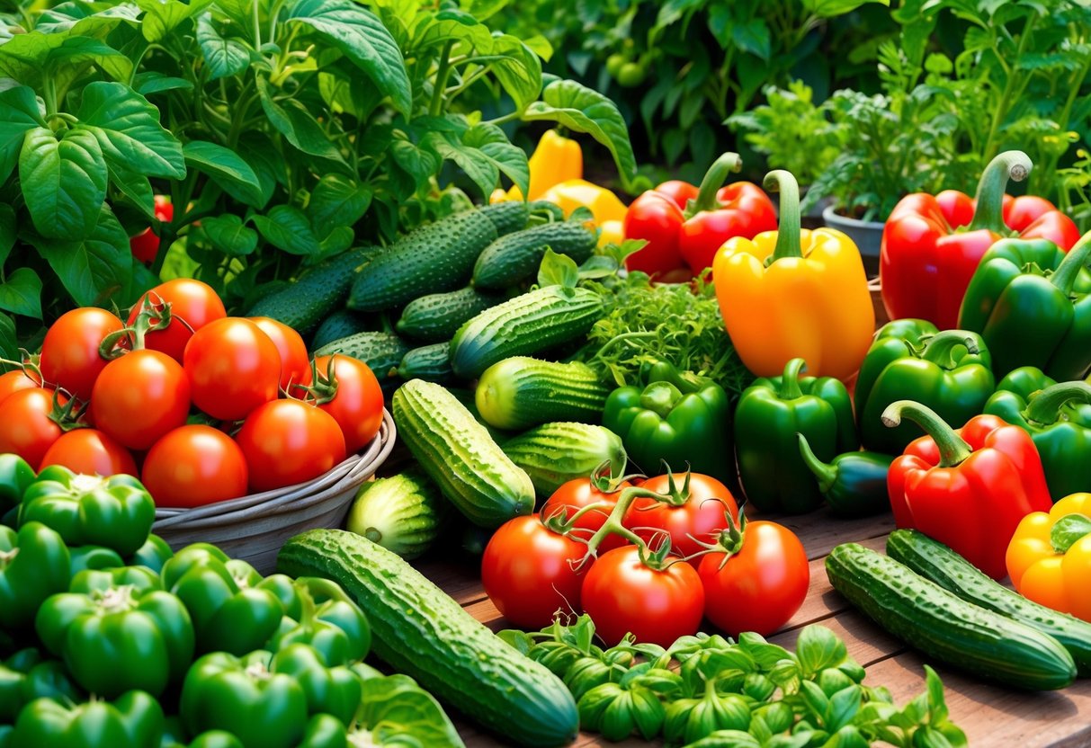 A lush garden filled with vibrant vegetables such as tomatoes, cucumbers, and bell peppers, all thriving and ready for easy harvesting