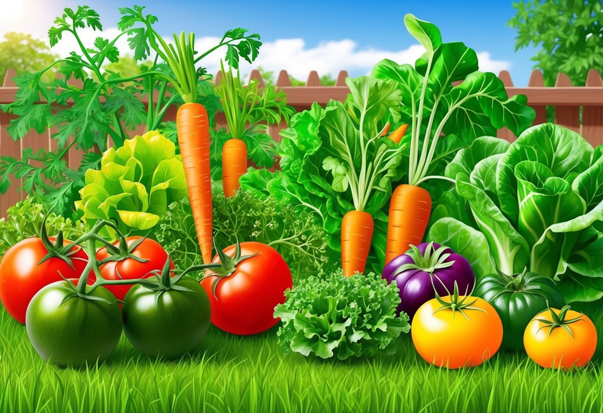 A colorful array of easy-to-grow vegetables, including tomatoes, carrots, and lettuce, thrive in a sunny backyard garden, yielding a bountiful harvest
