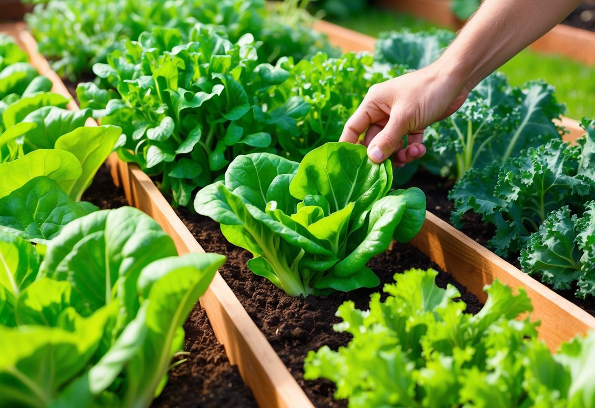 Lush green lettuce, spinach, and kale grow in raised garden beds, surrounded by rich soil and bathed in sunlight. A gardener's hand reaches in to pluck a leafy green for harvest