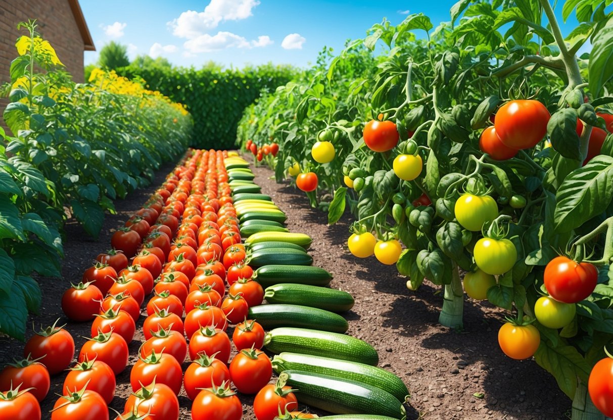 A sunny backyard garden with rows of ripe tomatoes, zucchinis, and other fruiting vegetables ready for easy picking