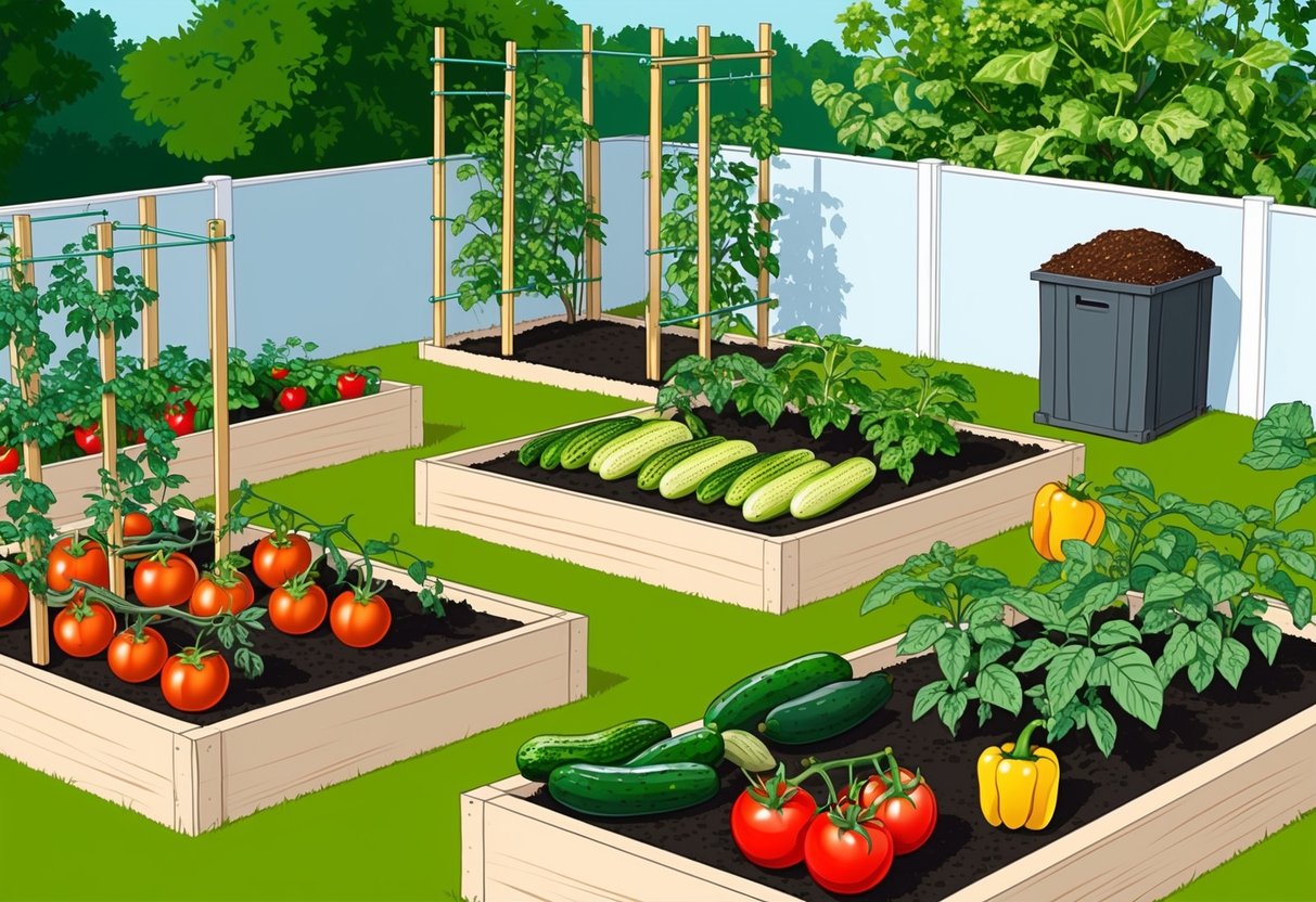 A sunny garden with raised beds filled with tomatoes, cucumbers, and bell peppers. Trellises support climbing plants, while a compost bin sits in the corner