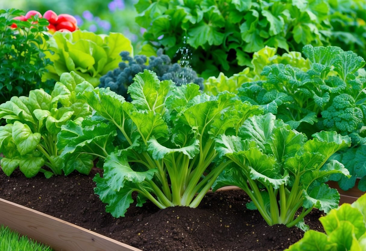 A well-tended vegetable garden with lush, vibrant plants thriving in rich soil, receiving ample water, and showing resistance to disease