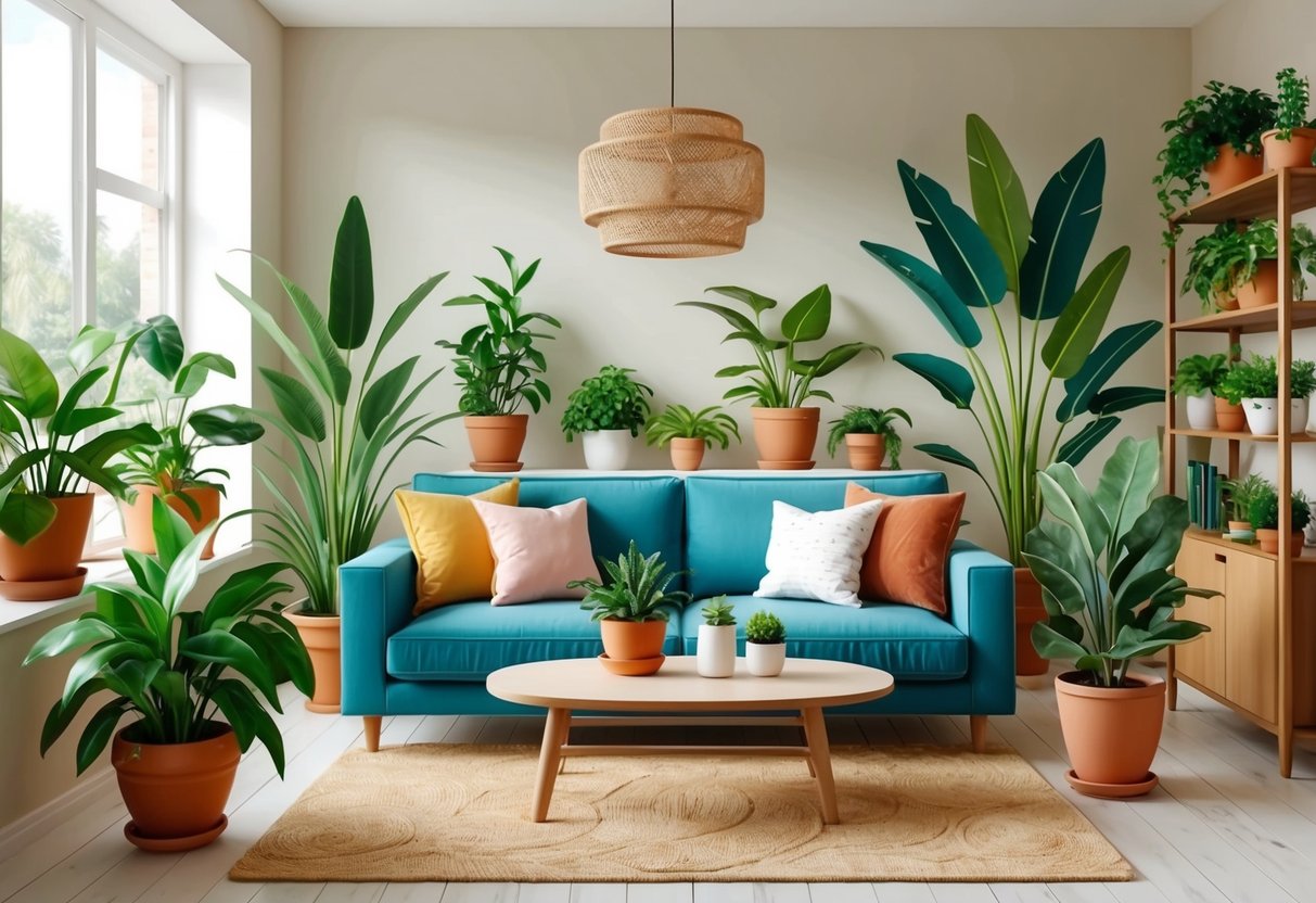 A cozy living room with various potted plants placed strategically around the space, creating a calming and fresh atmosphere