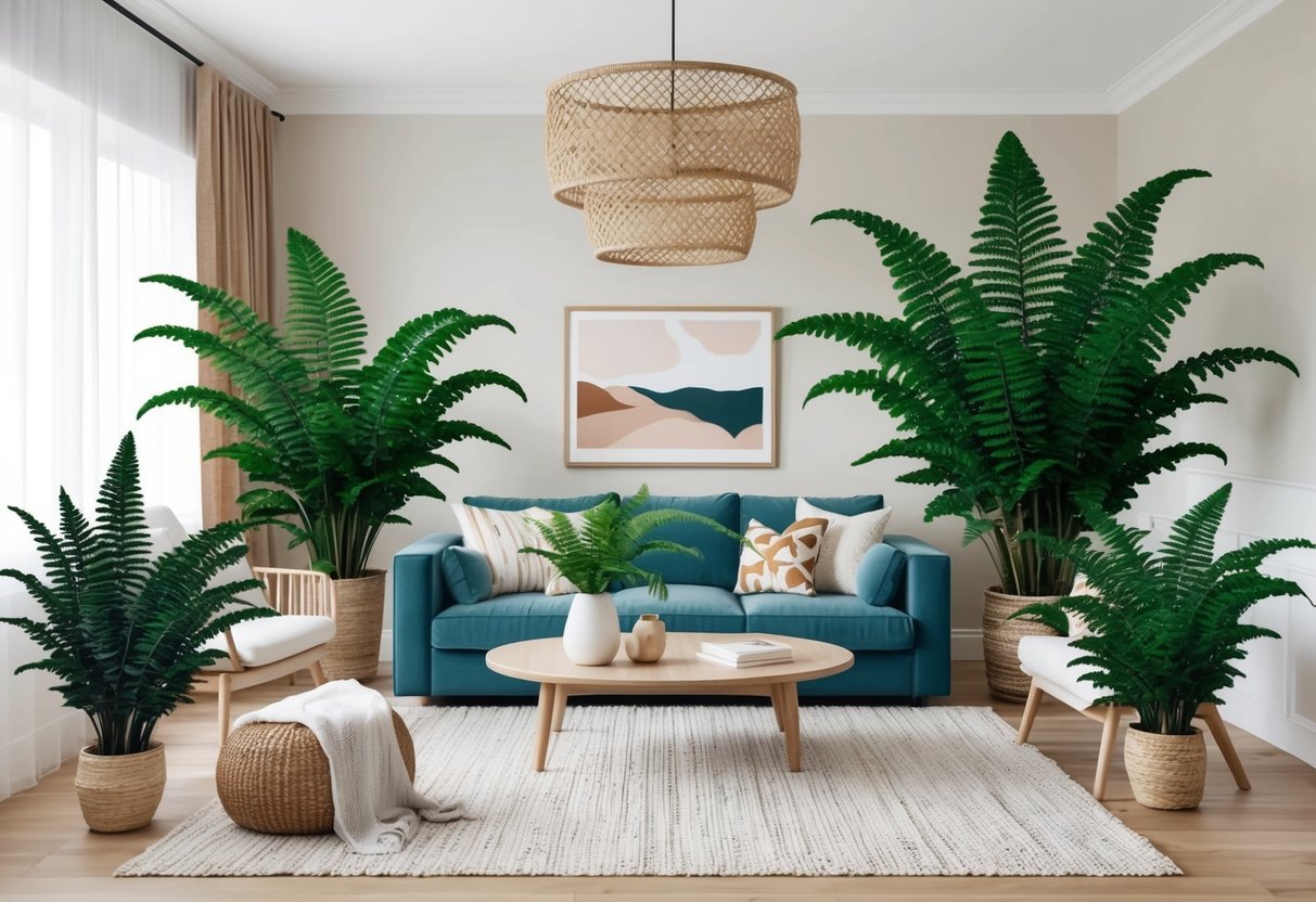 A cozy living room with large, lush ferns placed strategically around the space, creating a calming and clean atmosphere
