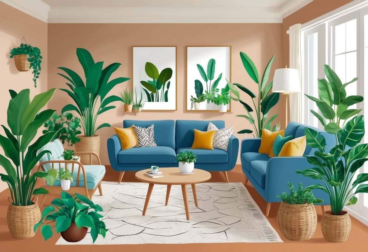 A cozy living room with a variety of lush indoor plants placed strategically around the space, creating a calming and refreshing atmosphere