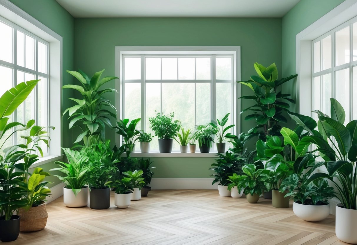 Lush green indoor plants arranged in a well-lit room with large windows, creating a calming and refreshing atmosphere