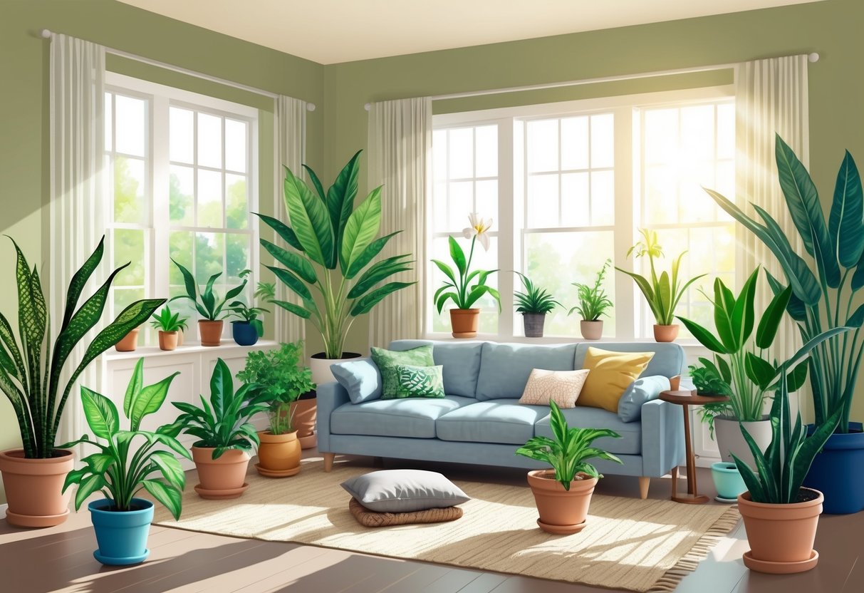 A cozy living room with large windows, filled with various potted plants such as snake plants, peace lilies, and spider plants. Sunlight streams in, creating a peaceful and serene atmosphere
