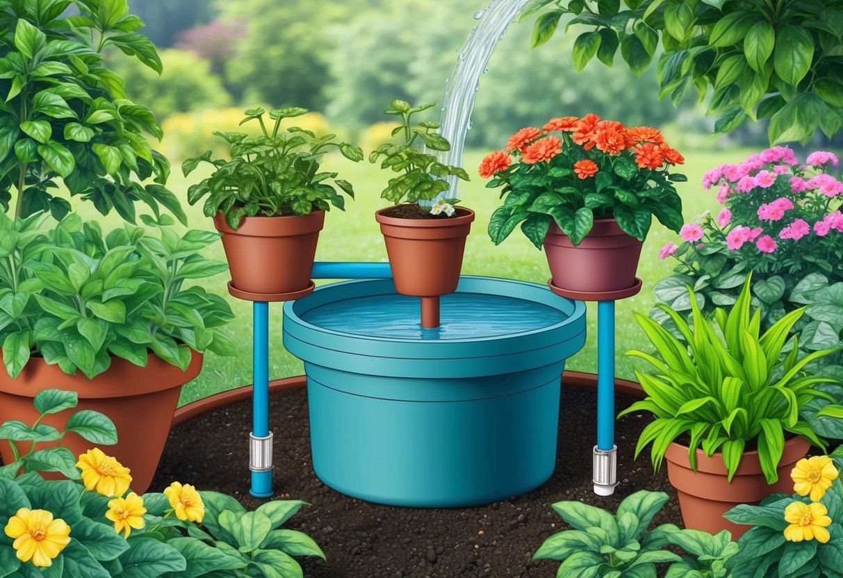 A self-watering garden system with a reservoir, watering tube, and potted plants, surrounded by lush greenery and blooming flowers