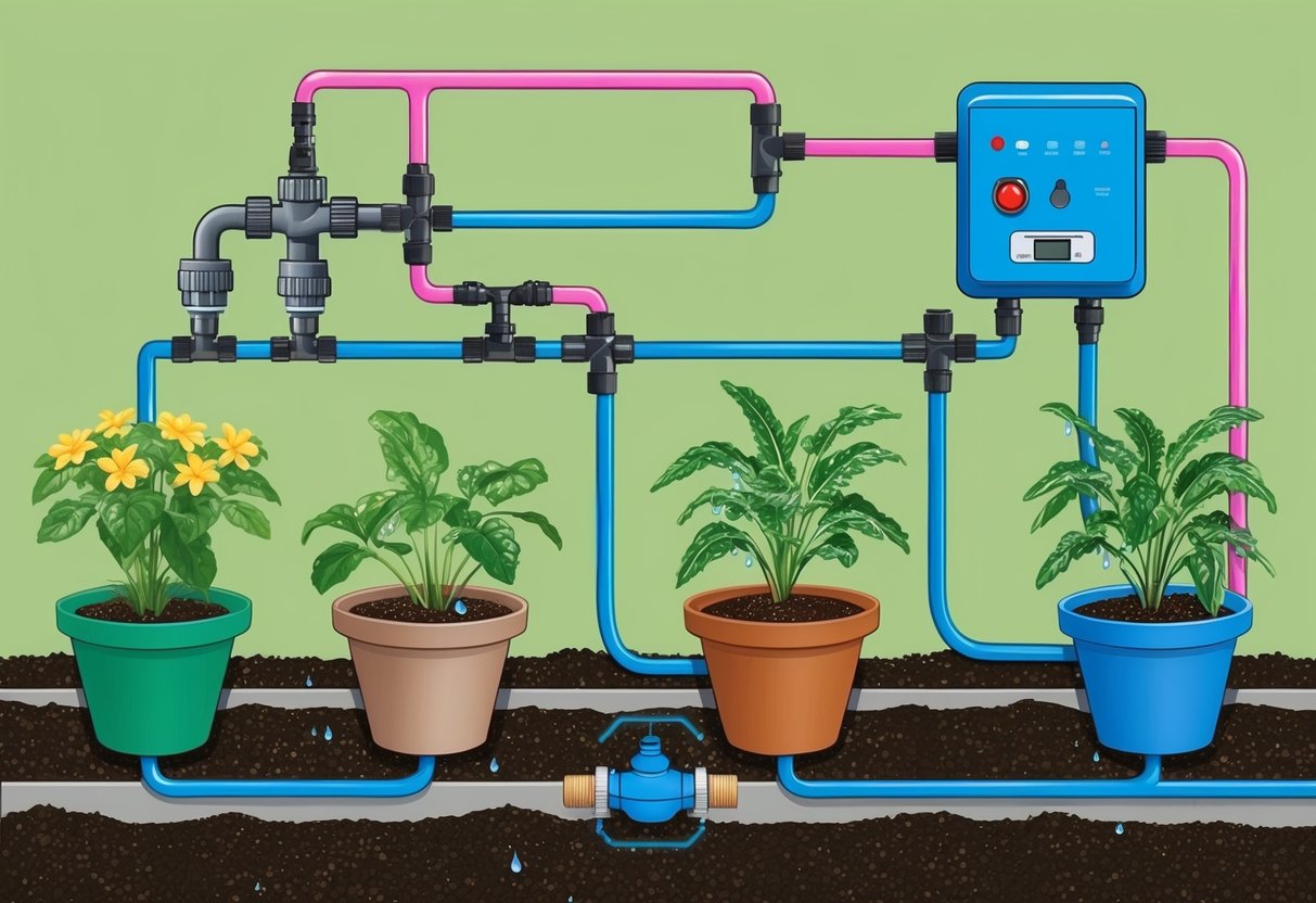 A self-watering garden system with hoses, valves, and plants in pots, connected to a water source, with a control panel for automated watering
