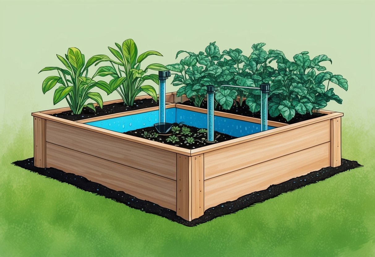 A raised garden bed with a built-in self-watering system, featuring a reservoir and watering tubes, surrounded by lush, healthy plants