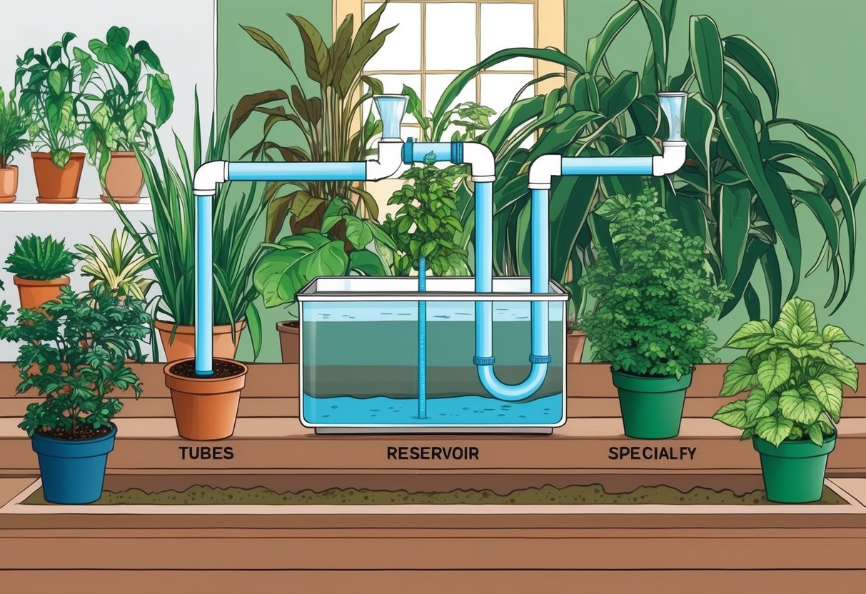 A self-watering garden system with tubes, reservoir, and potted plants, set against a backdrop of indoor and specialty plants