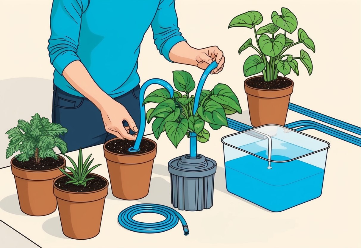 A person assembling a self-watering garden system with pots, tubing, and a water reservoir, demonstrating how to set up hassle-free plant care