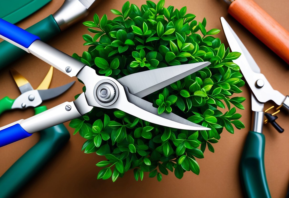 A pair of sharp pruning shears cutting through a lush green plant with precision, surrounded by other well-maintained gardening tools