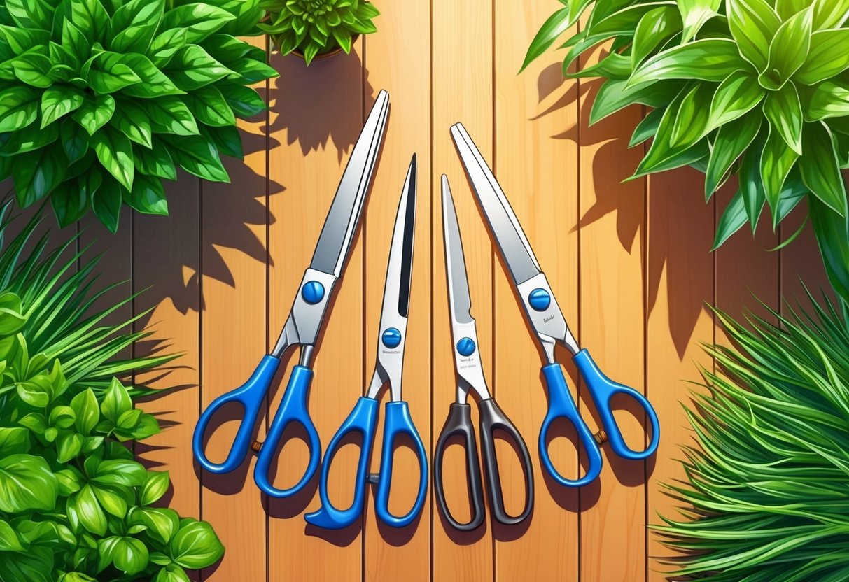 A pair of shears and trimmers are neatly arranged on a wooden table, surrounded by lush green plants. The tools gleam in the sunlight, ready for precision cutting and shaping