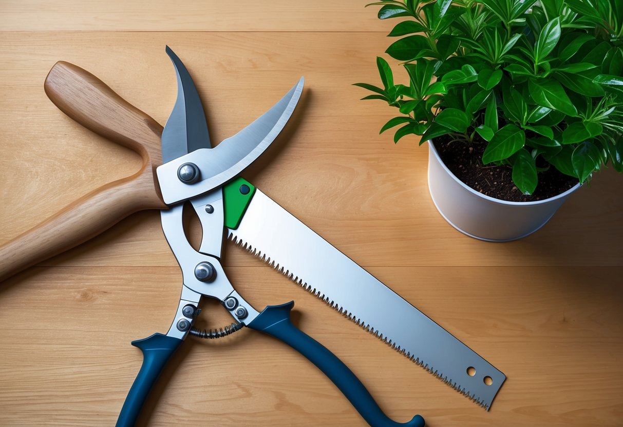 A pair of sharp pruning shears and a clean, oiled pruning saw lay on a wooden workbench next to a potted plant