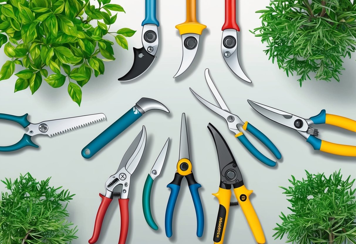 A variety of pruning tools laid out on a clean, organized workbench, including shears, loppers, and pruning saws. Surrounding the tools are healthy, vibrant plants in need of pruning