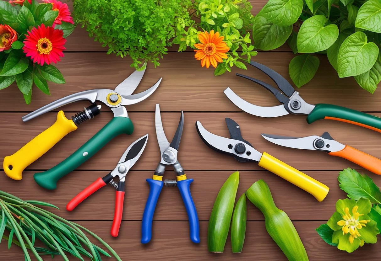 A variety of pruning tools laid out on a wooden table, including shears, loppers, and hand pruners, surrounded by healthy, vibrant plants and flowers