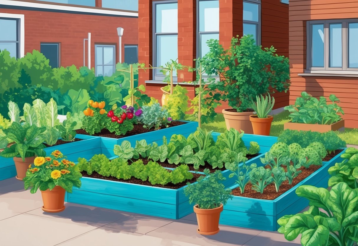 A small urban garden with raised beds and potted plants, showcasing a variety of easy-to-grow vegetables in full bloom