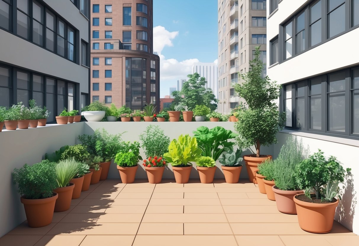 A small urban garden with pots of herbs and vegetables arranged neatly on a sunny patio, surrounded by tall buildings