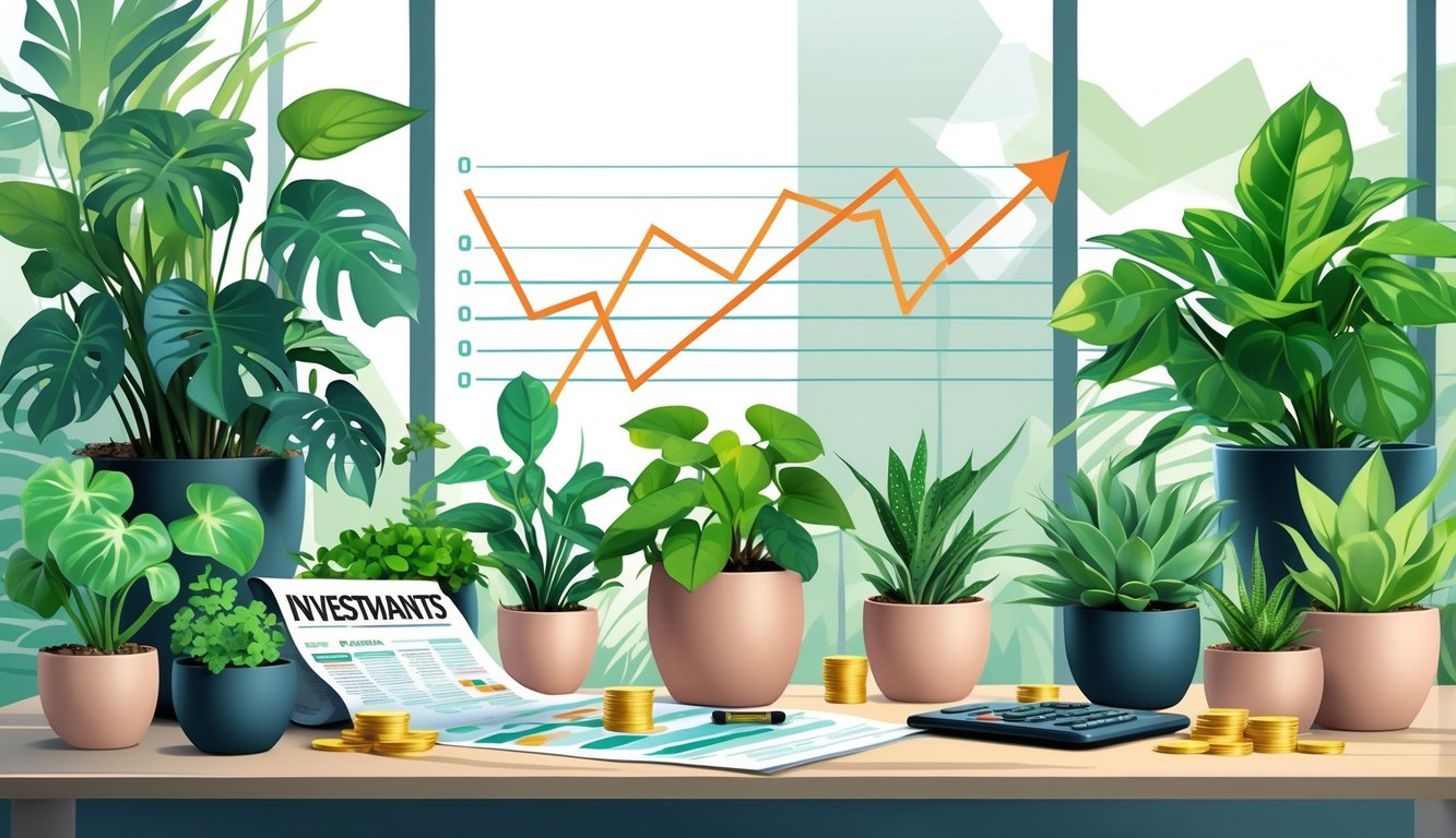 A variety of rare houseplants displayed indoors with a subtle stock market graph in the background and financial items nearby, symbolizing plants as valuable investments.