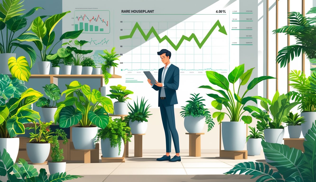 A person examining rare houseplants indoors with financial charts in the background, symbolizing investment growth.
