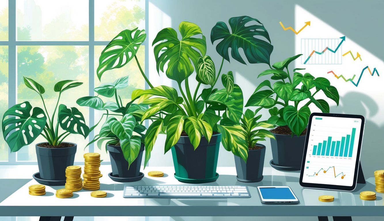 A collection of rare houseplants displayed on a desk with financial symbols like coins and charts in a bright indoor setting.