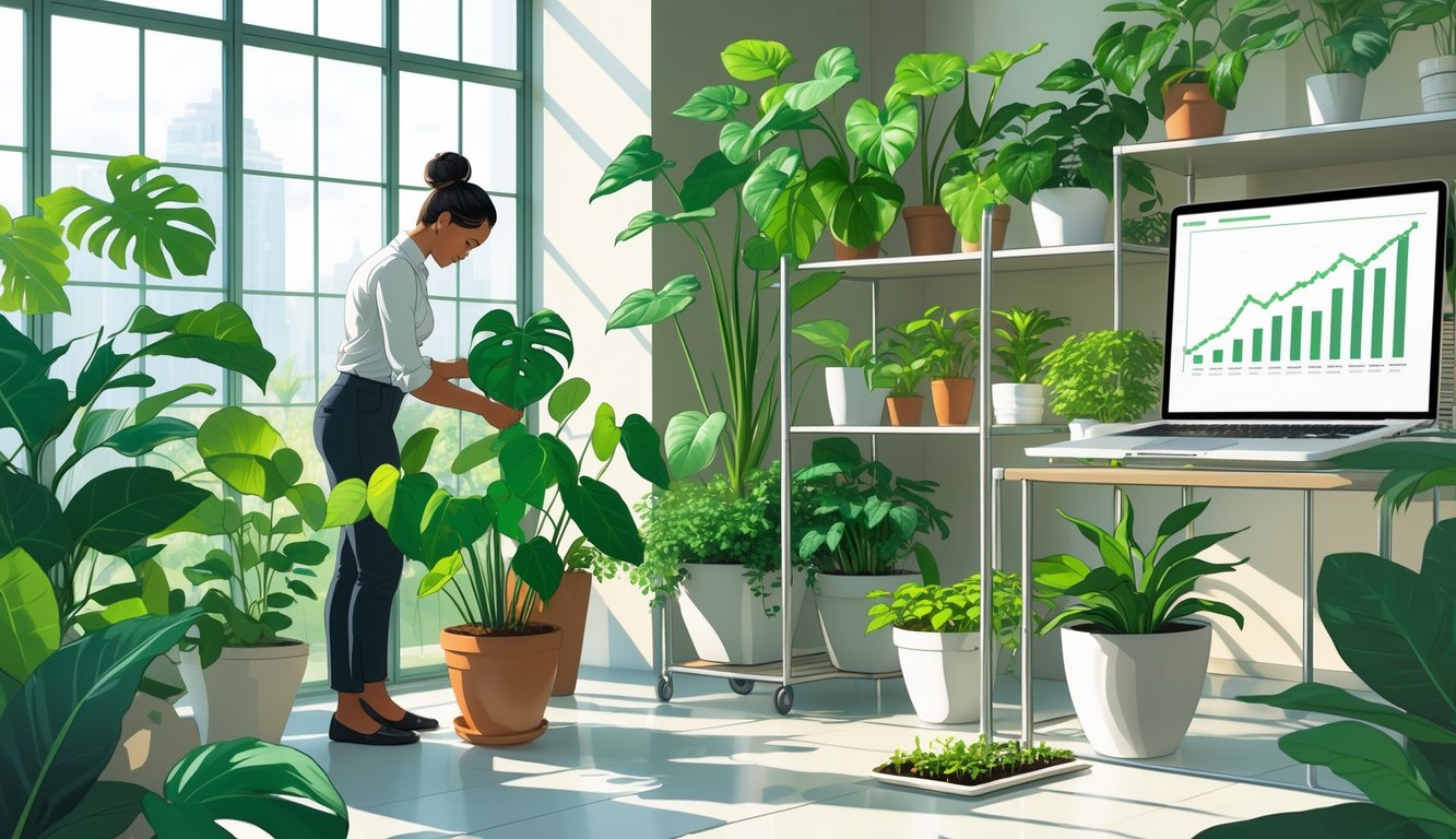 A person tending to rare houseplants indoors with plant cuttings and a laptop showing investment charts nearby.