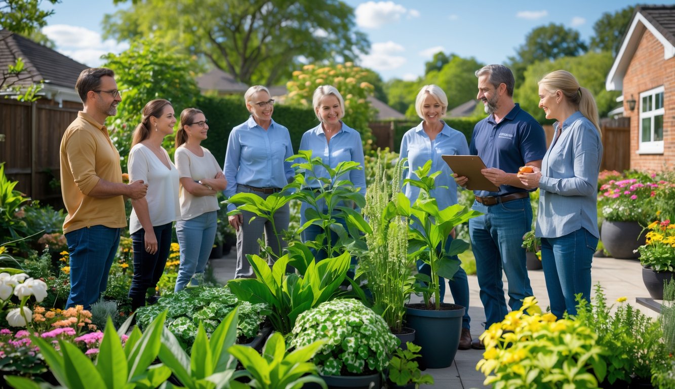 A botanist explains plant care to a group of homeowners in a sunny garden full of healthy plants.