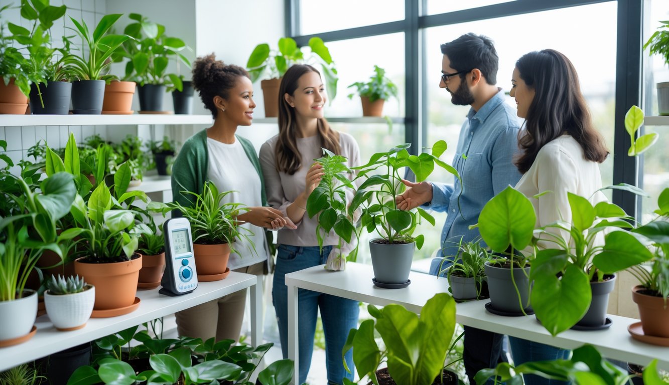 A group of people discussing houseplants indoors with a botanist explaining while holding a plant, surrounded by various healthy plants and measuring devices for light and humidity.