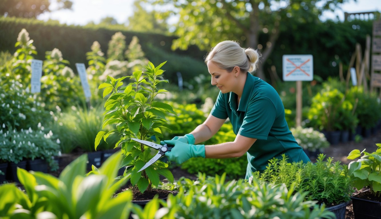 A botanist pruning a healthy green plant in a garden surrounded by thriving plants and shrubs.