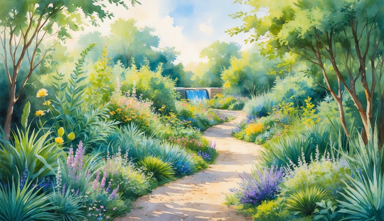 A lush garden with various native plants, wildflowers, and shrubs surrounding a winding path next to a small water feature.