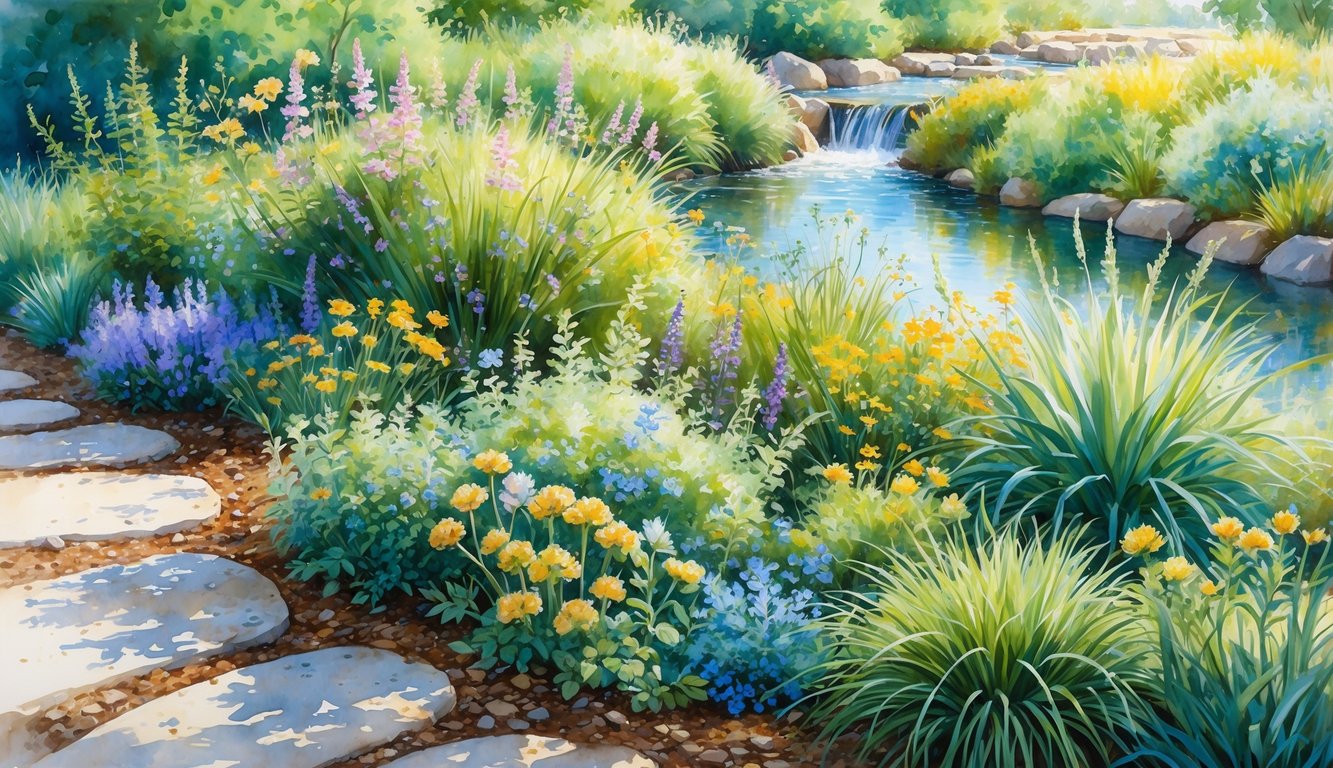 A colorful garden filled with native plants, wildflowers, and grasses surrounding a small stream, with stone paths and sunlight filtering through.