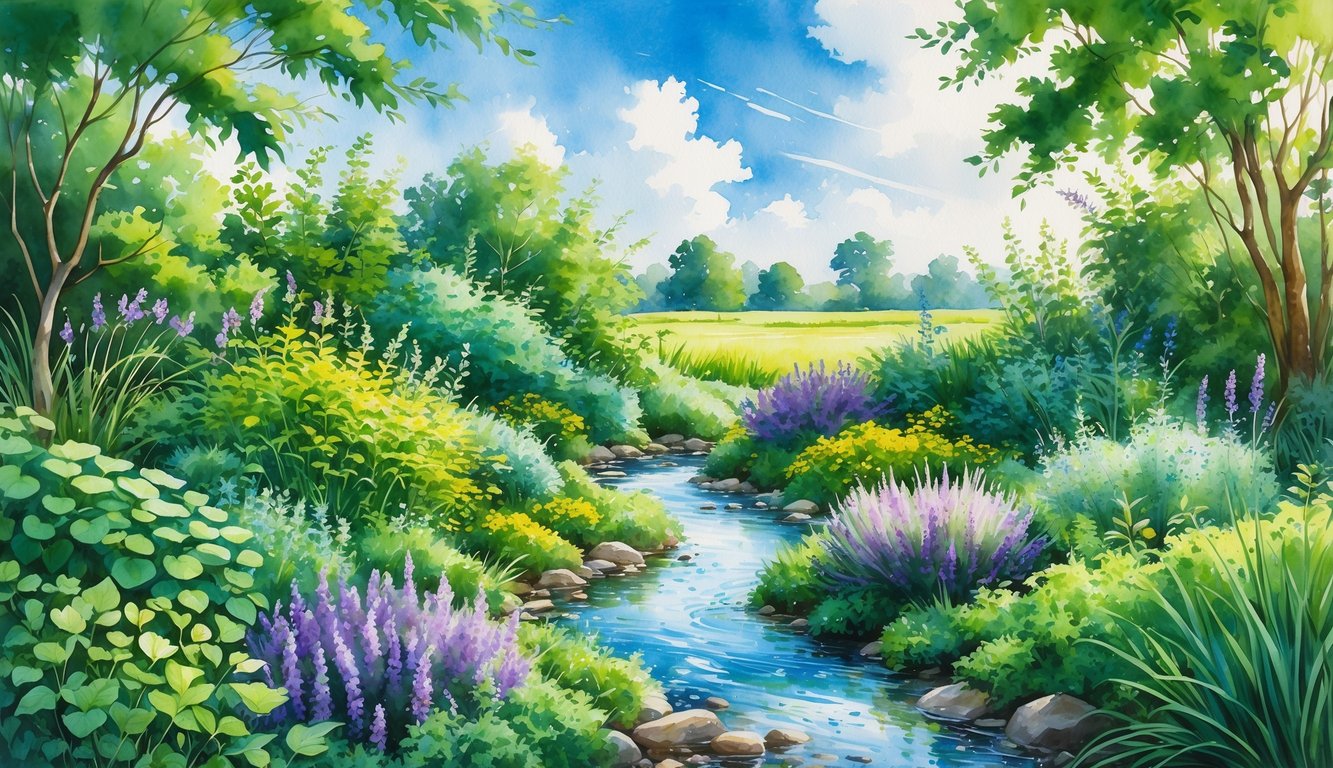 A peaceful garden with various native plants, a small stream, and sunlight filtering through trees under a blue sky.