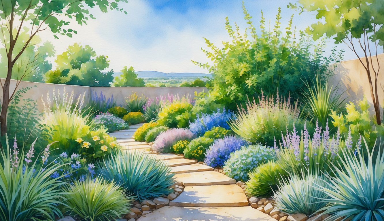 A garden filled with diverse native plants, shrubs, and flowers surrounding a stone pathway under a clear sky.