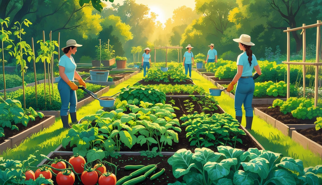Gardeners tending a flourishing garden using simple techniques like drip irrigation, mulching, and trellises, surrounded by abundant vegetables and plants.