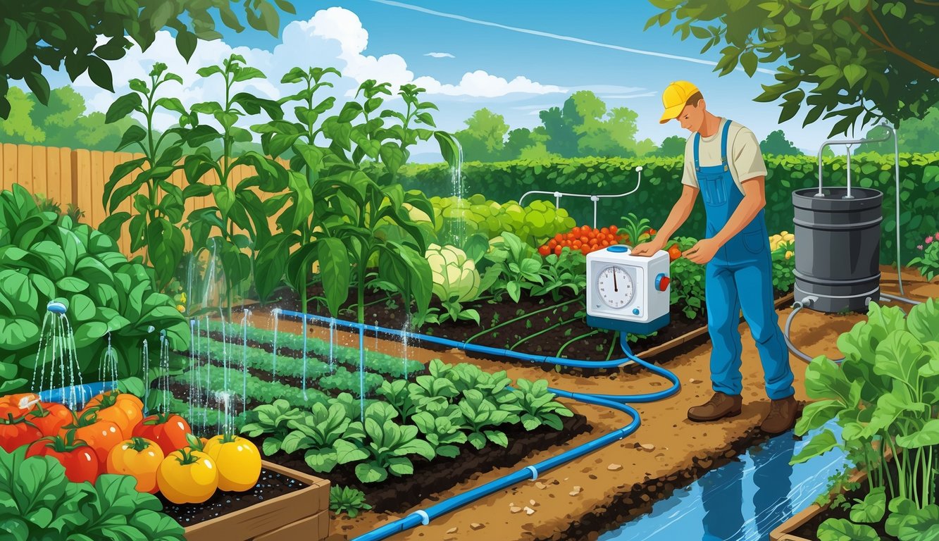 A gardener adjusting an automated watering system in a thriving vegetable garden with drip irrigation and rainwater collection, surrounded by abundant plants.