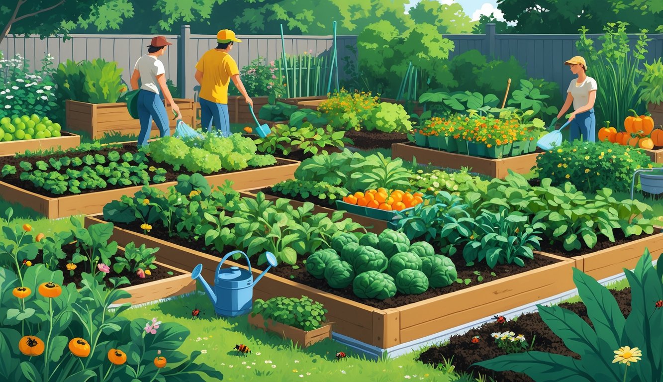 A vibrant garden with gardeners tending to abundant plants using simple techniques, surrounded by healthy vegetables, fruits, flowers, and gardening tools.