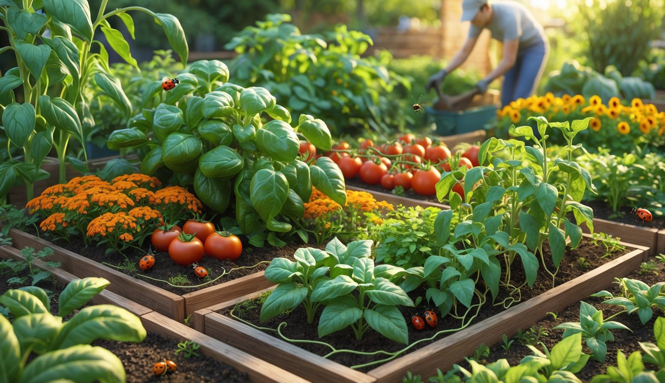 A lush garden with various plants growing closely together, showing a gardener tending to the plants surrounded by beneficial insects.