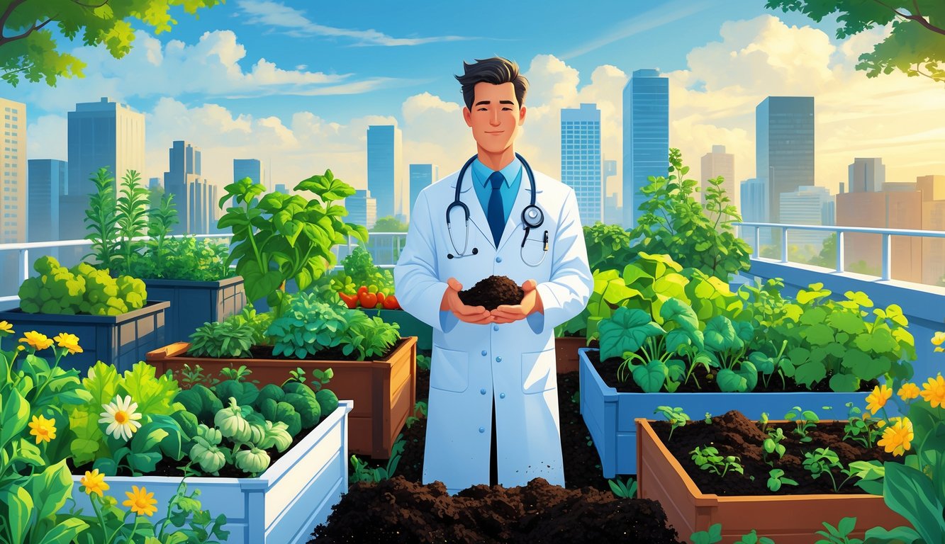A doctor holding rich soil in hands in a flourishing rooftop urban garden with healthy plants and city buildings in the background.