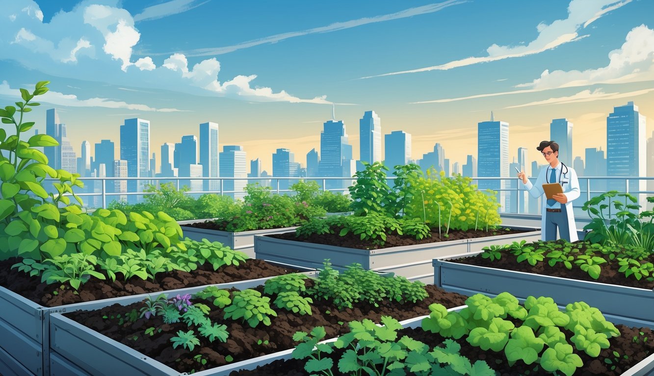 A rooftop urban garden with healthy plants growing in rich soil and a scientist inspecting the plants and soil, with a city skyline in the background.