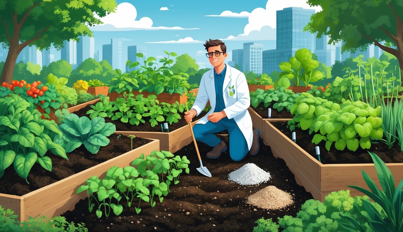 A scientist in a lab coat examines rich soil in a thriving urban garden with healthy plants and city buildings in the background.
